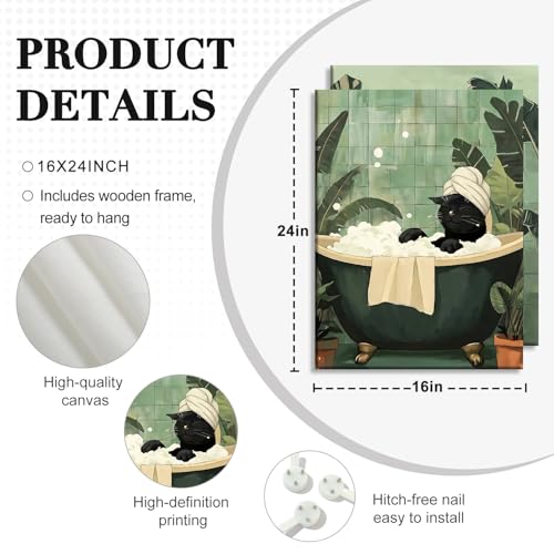 RUMSICH 2-Pcs Fun Black Cat Bathroom Canvas Wall Art Whimsical Animal Bathroom Wall Decor Green Tropical Toilet Bathtub Cat Humorous Artwork Print for Bathroom Toilet and Home Decor 16x24 inch Framed - color: Bathroom Cat, size: 24"L x 16"W