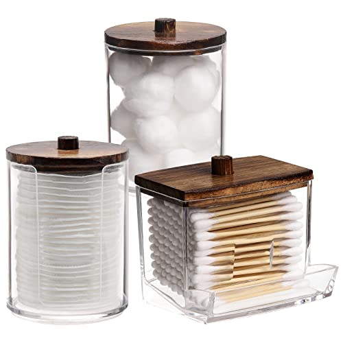 Tbestmax Bathroom Organizer Accessories Set-10 OZ Qtips Holder Storage with Wood Lids, Cotton Ball/Swabs Dispenser, Apothecary Container Jar 3 Pcs - color: Group B-Brown Wood
