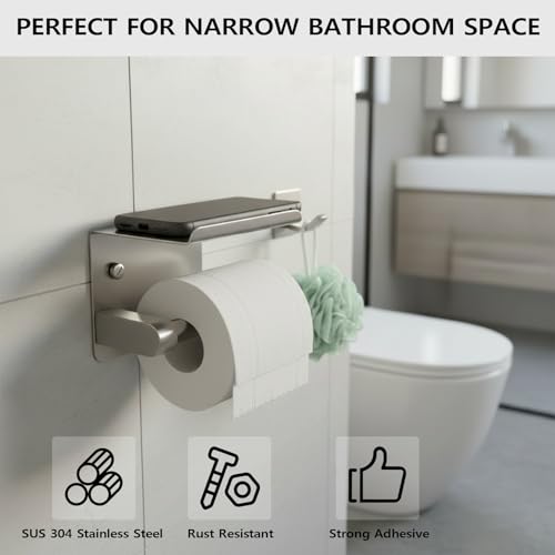 Toilet Paper Holder with Phone Shelf, Adhesive or Screw Wall Mount Toilet Tissue Roll Holder with 5 Stainless Hook,Rustproof and Bathroom Washroom Tissue Roll Holder with Storage Shelf - Silver