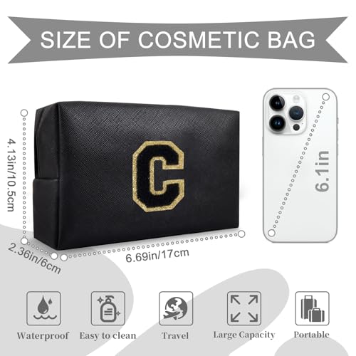 Personalized Initial A-Z Preppy Patch Makeup Bag,Small PU Chenille Letter Cosmetic Bag with Zipper for Teen Girls,Black Cute Toiletry Organizer Bag,Monogram Makeup Case Gift for Women Girls,Letter C - color: Black,Black-Letter, size: C