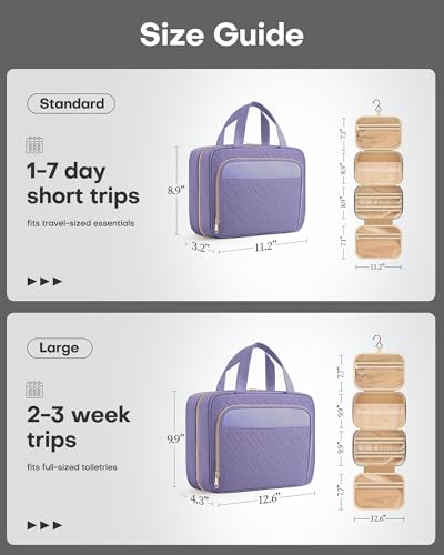 HOTOR Hanging Travel Toiletry Bag Women Men, Light Purple, Medium | Waterproof Makeup Bag Hanging Hook,Multiple Pockets,Travel Essentials,11.2 x 3.2 x 8.9inches - color: Light Purple, size: Medium