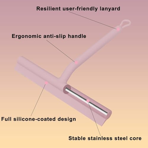 Squeegee for Shower Glass Doors, Resilient Loop - No-Drill & Adhesive Hook, Silicone Shower Squeegee with Stainless Steel Core, Cleaning Tool for Home, Kitchen, Bathroom & Car - Pink - color: Pink, size: with loop