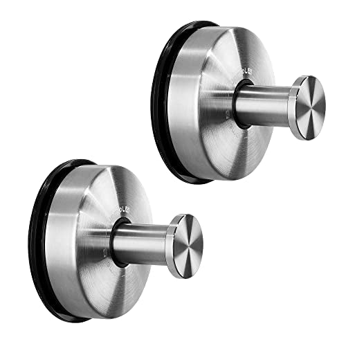 JOMOLA Suction Cup Hooks Suction Shower Hook Bathroom Towel Hanger for Shower Storage Kitchen Utensil Stainless Steel, Brushed Finish, 2PCS - color: Silver