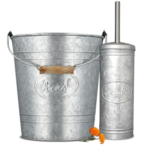 Autumn Alley Rustic Farmhouse Trash Can and Toilet Brush Holder Set - Galvanized Bathroom Trash Can with Matching Toilet Brush, Rustic Farmhouse Bathroom Decor, Grey, 2 Gal. - color: Galvanized, Grey