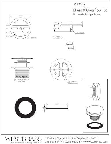 Westbrass A398RK-50 1-1/2" NPSM Coarse Thread Mushroom Tip-Toe Bathtub Drain Stopper with Illusionary Overflow Faceplate, Powder Coat White - color: Powder Coat White