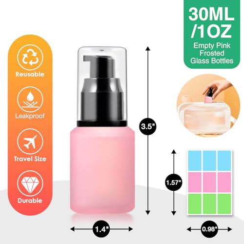 3PCS 30ML/1OZ Empty Pink Frosted Glass Bottles with Pump Refillable Vial Cosmetic Dispenser Jars Storage Travel Lotion Container Portable Sample Bottle for Toiletries,Foundation,Cream,Gel,Lotion - color: Pink, size: 1 Ounce