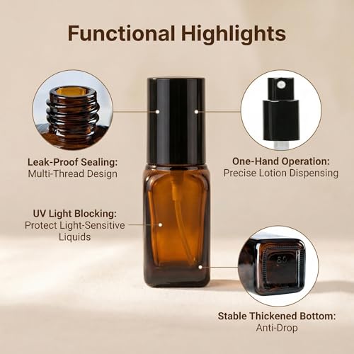 ericotry 3PCS 10ml Empty Refillable Square Amber Glass Cream Lotion Pump Bottles for Makeup Face Cream Facial Cleanser Toiletries Toner Liquid Travel Containers Emulsion Essential Oil Dispenser - size: 10ML