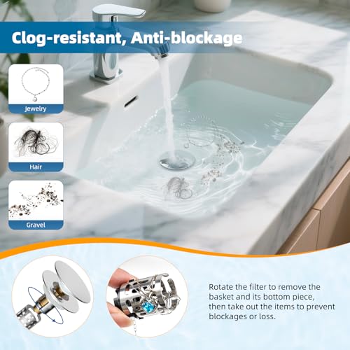 Hibbent Upgraded 3 in 1 Bathroom Sink Drain Strainer, Universal Pop Up Sink Stopper with Big Push Cap, Anti-Clogging Metal Filter Basket,Sink Plug with Hair Catcher for 1.1''~2.36'' Basin, Chrome - color: Chrome