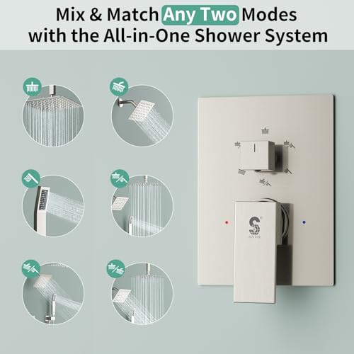 Shower Faucet Set Shower System - SR SUN RISE Brushed Nickel Shower Trim Kit with Dual Shower Head, 10'' Ceiling Rainfall 6'' Wall Mount with Handheld Shower for Couples, Complete 6 Diverter Valve - color: Nickel, size: 10 Inch