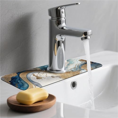 Kitchen Sink Splash Guard，Natural blue and gold marble Faucet Mat Sink Gadgets-Super Absorbent Fast Drying Mat Drip Catcher for Kitchen, Bathroom,Sink Mat, Dish Drying Mat, Bathroom(15" X 5.5" ) - color: Natural blue and gold marble