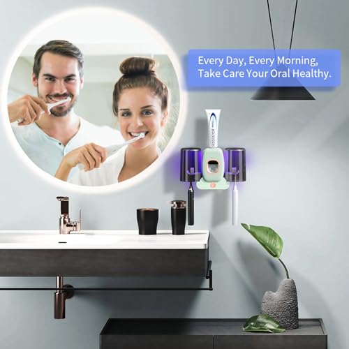 Toothbrush Holders for Bathrooms, Wekity Automatic Toothpaste Dispenser Space Saving Toothbrush and Toothpaste Holder，Toothbrush Holder Wall Mounted with 2 Cups for Bathroom (Green)… - color: Green
