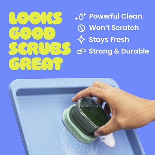 Brite by Scotch-Brite Palm Scrubber with Drain + Dry Stand, Household and Kitchen Sponge for Washing Dishes with Comfy Grip, 1 Scrub Sponge with Soap Dispenser - style: Palm scrubber