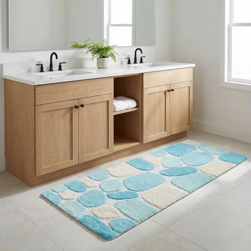 THE BEER VALLEY Pebble Bath Runner Rug 2x5 Feet - Turquoise | Non Slip Cotton Runners for Bathroom, Washable Absorbent Long Bath Floor Rugs - color: Aqua/Turquoise, size: 24 x 60 inches