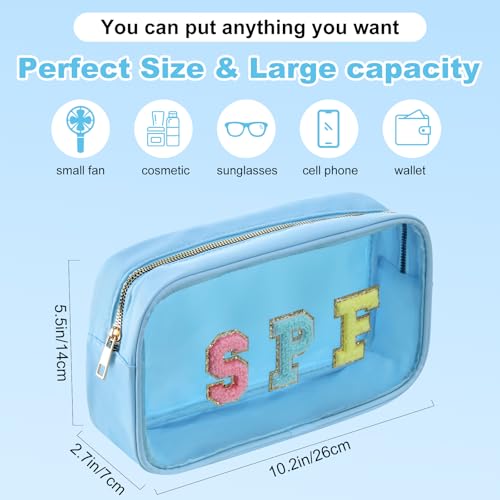 SPF Cosmetic Bag - Women’s Clear Beach Makeup Organizer with Chenille Letters, PVC Waterproof Toiletry Pouch for Sunscreen, Pool, Travel & Swimming - style: Blue-spf