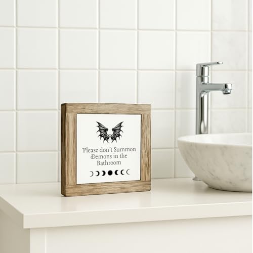 Funny Bathroom Decor, Please Don't Summon Demons in the Bathroom, Freestanding Wooden Box Decor, Decorative Signs for Home Toilet Restrooms Shelf, Rustic Toilet Decoration 5.9×5.9 inch - color: color38