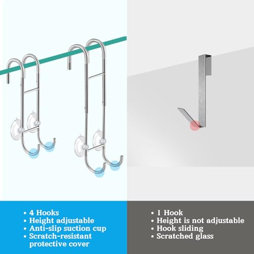 Shower Door Towel Hooks (2-Pack), 9"~13" Length Adjustable Hook for Framed & Frameless Over the Door Glass, Squeegee Holder, Towels Hanger for Bath Suits Rozer Robes Loofahs Shavers, Silver | Fit for Frameless & Framed Doors, Anti-Scratch, Rustproof Towel