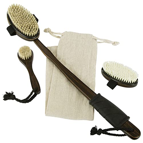 Vive Dry Brush Set for Lymphatic Drainage (3 Pack) - Brushing Scrubber for Exfoliating, Body Cellulite and Skin Massage - 100% Natural Boar Hair Bristles, 19” Long Dark Wooden Handle w/Storage Bag