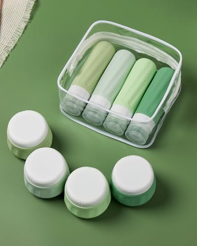 Mrsdry Travel Size Toiletries 8 Pack, TSA Approved 3oz Silicone Squeeze Bottles & Cream Jars with Clear Travel Bag - color: Water Green, size: 3oz bottle 3oz jar