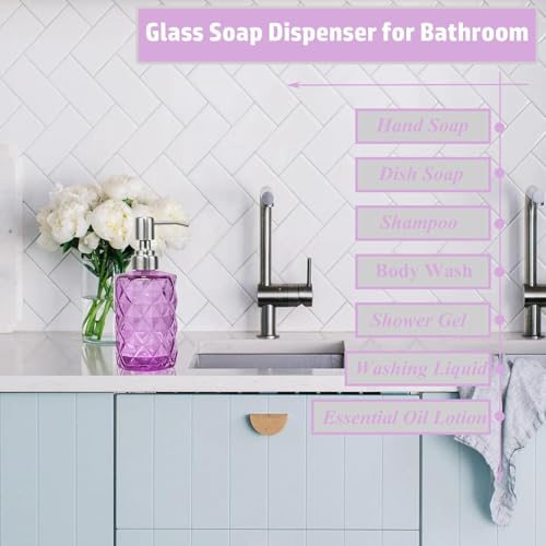 12Oz Purple Soap Dispenser Bathroom - 2 Pack, Clear Glass Hand Soap Dispensers with Stainless Steel Pump, Refillable Dish Soap Dispenser for Kitchen, Countertop Soap Dispensers - color: Diamond Purple（2-pack）