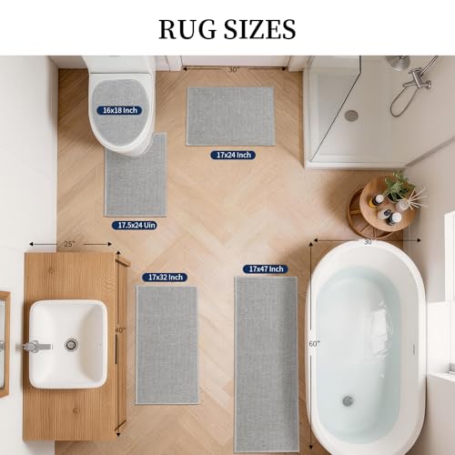 YIHOUSE Gray Bathroom Rugs Sets 5 Piece, Quick Dry Thin Bath Mat with Toilet Rug - Non Slip Absorbent Machine Washable - Bath Runner Rugs for Bathtub Sink Home Decor - color: Grey, size: 5 pieces