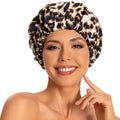 Edoneery Reusable Shower Caps for Women, Waterproof Long Hair Bonnet | Washable Design, Wide Elastic Band, Large Fit, Holds Long Hair, Braids Friendly, Bath Accessories, Spa, Travel - color: Brown Leopard