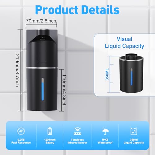 Fantictas Automatic Soap Dispenser,Touchless Hand Wall Mount Rechargeable 3 Gear Adjustable Electric Soap Dispenser 350ml with Infrared Motion Sensor for Bathroom,Kitchen,Office, Black Gel - color: Black, style: Gel