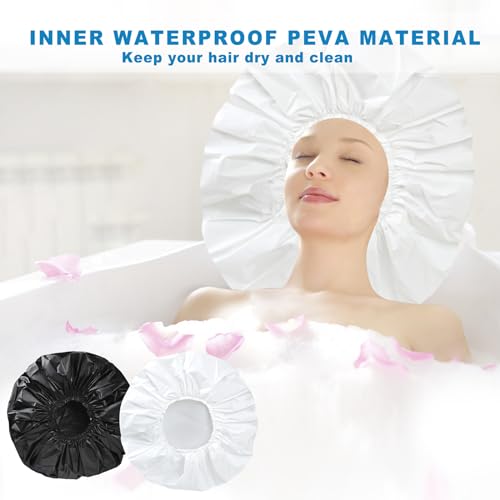 Super Jumbo Shower Cap 2 PCS Waterproof Shower Caps for Women, Extra Large Shower Cap, Reusable Super Large Bath Caps Hair Cap for Long Thick Curly Hair, Locs, Twist Braids - Black + White - color: Black + White