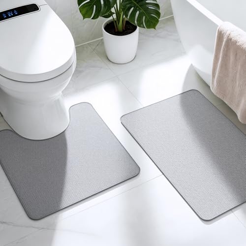 Bathroom Rugs Sets 2 Piece, Thin Bath Mat & U-Shaped Contour Toilet Rug Absorbent Quick Dry, Machine Washable, Non Slip Low Pile Bath Mats for Bathroom/Tub/Sink/Shower (30"x20" Plus 24"x20" U, Grey) - color: Grey, size: 30"x20"+U Shape 24"x20"-2pack
