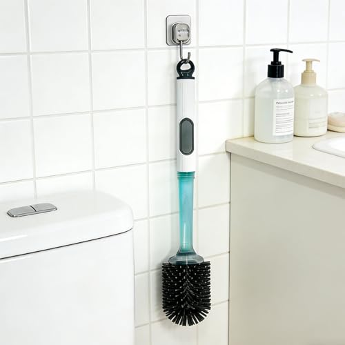 Silicone Toilet Brush and Holder Set with Cleaner Dispenser, Grey | Dispenser handle, silicone bristles, ventilated holder; for RV, apartment, and bathroom use