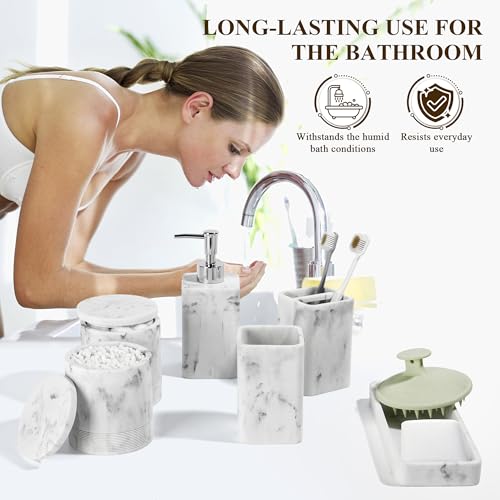 YMXYJM Bathroom Accessories Set, 6 Piece Bathroom Set with Toothbrush Holders, Soap Dispenser, Vanity Tray, Tumbler, Cotton Swab Jars, Bathroom Organizer，Bathroom Sink Sets, Artificial Marble White - color: White