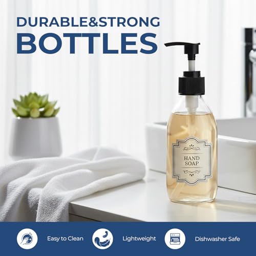 8 oz Clear Glass Pump Bottle, 250ml Small Lotion Dispenser Bottle for Body Massage Oil, Refillable Empty Hand and Dish Soap Dispensers Set with Labels - 3 Pack - color: Clear