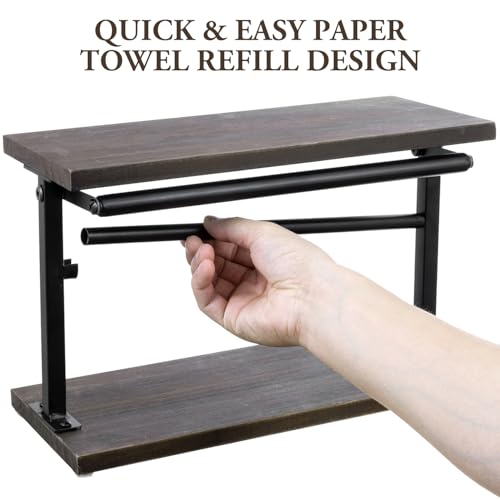MyGift Kitchen Countertop Paper Towel Holder and Condiment Display Shelf Rack, Rustic Burnt Wood and Metal Towel Dispenser with Top Shelf for Bathroom or Kitchen - color: Burnt Wood