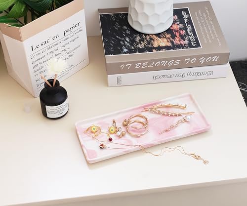 9.2" Porcelain Small Narrow Bathroom Tray - Pink | Mini Ceramic Countertop and Vanity Tray for Cosmetics, Perfume, Jewelry, Candle - Kitchen Counter, Soap Tray - color: Pink, size: 9.2" x 3.6" x 0.6"