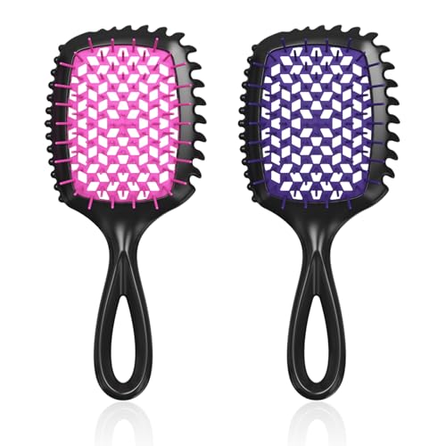 Detangler Brush – 2 Pack Vented Hair Brush for Wet/Dry Hair – Easy, Pain-Free Detangler Brush Reduces Knots & Breakage – For Curly, Straight, Thick or Fine Hair – Women, Men & Kids (Pink+Purple) - color: Pink+Purple