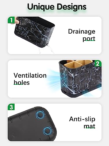 GFWARE Marble Toothbrush Holders, 5 Slots Bamboo Toothbrush and Toothpaste Holder for Bathroom Counter with Drainage, Kids Electric Toothbrush Organizer, Black Toothbrush Holders for Bathrooms - color: Marble-l