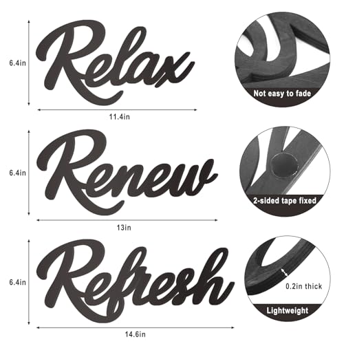 3 Pieces Bathroom Decor Wooden Bathroom Sign,Relax Renew Refresh Sign (Black-large) - color: Black-large