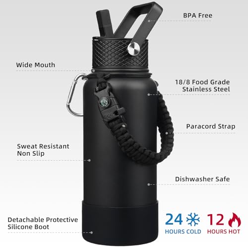 BJPKPK 32oz Insulated Water Bottles with 3 Lids, Paracord Handle & Non-slip Boot, Stainless Steel Metal Water Bottle,Reusable BPA Free Thermal Flasks, Tumblers, Black - color: Black, size: 32 Ounces