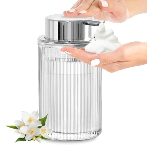 KASUNTING Foaming Soap Dispenser, 11 Fl Oz Clear Glass Foam Hand Soap Dispenser for Bathroom & Kitchen, Refillable Foaming Bottle with Sliver Pump, Modern Ribbed Dish Soap Foam Dispenser - color: Clear Bottle+ Sliver Pump, size: Foam-1 Pack