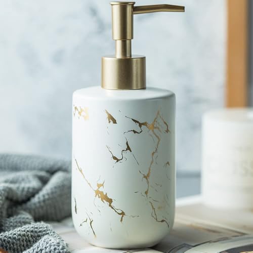 Gold Soap Dispenser, Dish Soap Dispenser for Kitchen Liquid Soap Pump Dispenser for Shower, Ceramics Refillable Hand Soap Lotion Dispenser, Shampoo Lotions Bottle for Bathroom, 10.5 OZ (White). - color: White