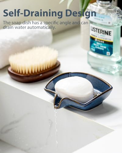 Ceramic Soap Dish, Bar Soap Holder with Drain Spout Self Draining Soap Saver for Shower Bathroom Kitchen Sink Bathtub, Keep Drying, Blue - color: Blue, size: Rectangular