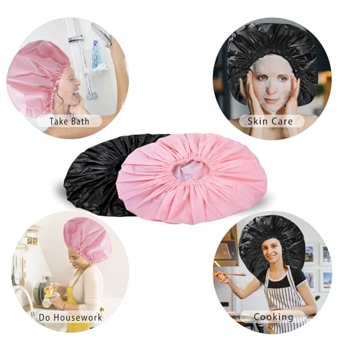 Extra Large Shower Cap 2 PCS Waterproof Shower Caps for Women, Super Jumbo Shower Cap, Reusable Super Large Bath Caps Hair Cap for Long Thick Curly Hair, Locs, Twist Braids - Black + Pink - color: Black + Pink