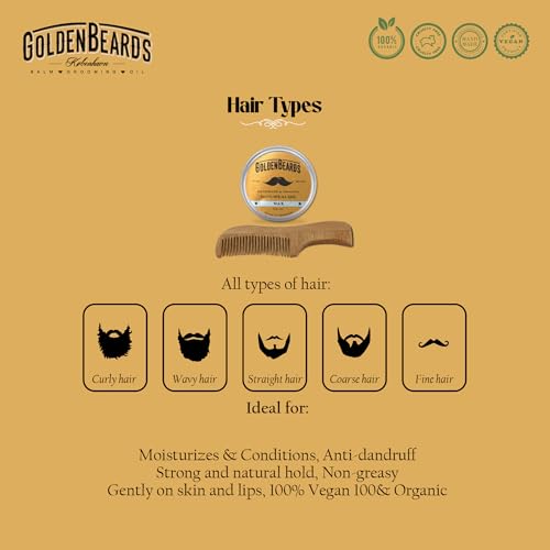 Golden Beards Moustache Wax & Eco Wood Vegan Comb Kit – Medium Hold Wax with Lime Scent & Eco Wood Comb 2.5 in – Handmade, Vegan, Cruelty-Free Moustache Styling Set - style: Eco Wood Vegan Comb