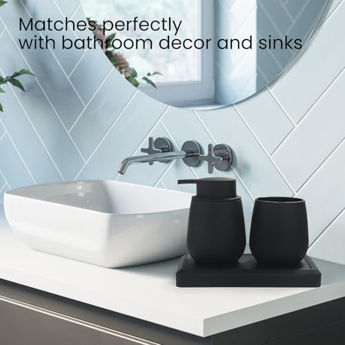 Black Bathroom Accessories Set, Modern 3 Pcs Bathroom Essentials - Soap Dispenser, Toothbrush Holder & Tray, Countertop Vanity Organizer (Black) - color: Black