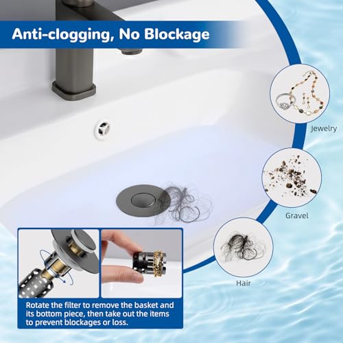 Hibbent Upgraded 3 in 1 Bathroom Sink Drain Strainer, Universal Pop Up Stopper with Removable Stainless Steel Filter Basket Hair Catcher, Sink Plug for 1.1''~2.36'' Basin, Brass Bullet Core, Grey - color: Gray