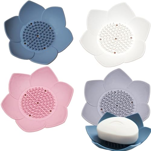 4 Pcs Lotus Flowers Soap Dish with Drain Silicone Holder Non-Slip Flexible Tray, Silicone Bar Soap Holder for Bathroom Shower