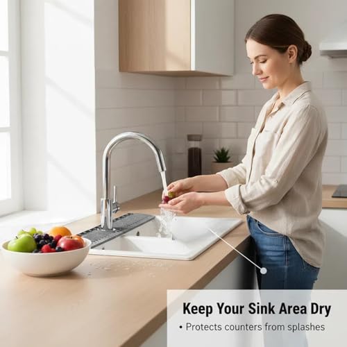 30 Inch Silicone Kitchen Sink Faucet Mat, Adjustable Waterproof Splash Guard Draining Mat Keep Countertops Dry (White) - color: White