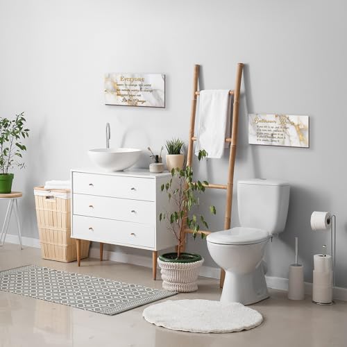 DONFENTHY 2 Pieces White Gold Bathroom Decor Bathroom Rules Wall Art Rustic Farmhouse wooden Sign for Toilet (White Gold 12x6") - color: White