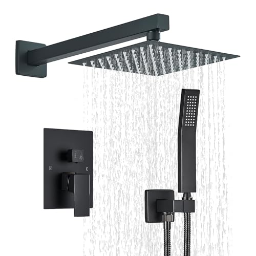 Shower Faucet Matte Black Shower System with 8 Inches Rain Shower Head and Handheld Spray Bathroom Luxury Rain Shower Faucet Set Complete Wall Mounted - color: Matte Black, size: Matte Black-8"