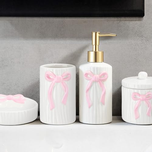 Zhehao 4 Pcs Ceramic Pink Bow Bathroom Set Bathroom Accessories Soap Dispenser Tumbler Toothbrush Holder Vanity Soap Tray Cotton Swab Jars Refillable Decor Gift for Her(White with Pink Bow)