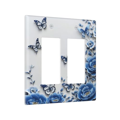 Light Switch Cover Plate Blue Peony Flowers Butterfly Vintage Floral 2 Gang Double Rocker Outlet Covers Decorative Switch plates Electrical Wall Plates GFCI for Bathroom Bedroom Decor - color: Blue Peony Flowers Butterfly Vintage Floral, size: 2 Gang Doub